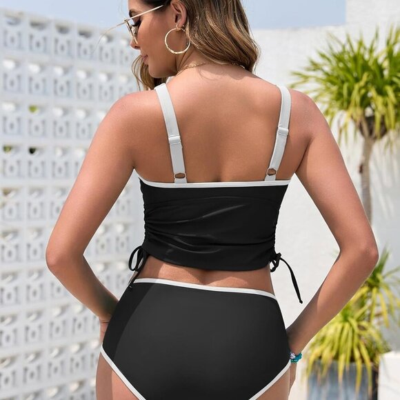 Brand New Women's Tankini Swimsuit Large Black V-neck Tummy Control High Waisted - Picture 3 of 7